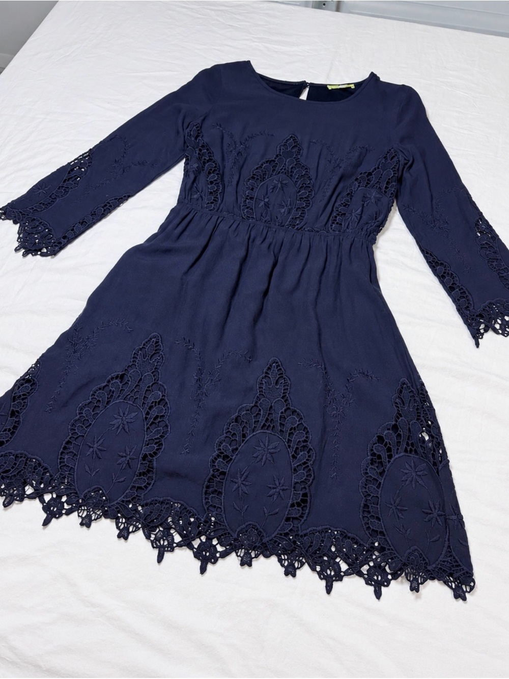 Gianni Bini Navy Blue Embroidered Lace Dress Bell Sleeve Size Small